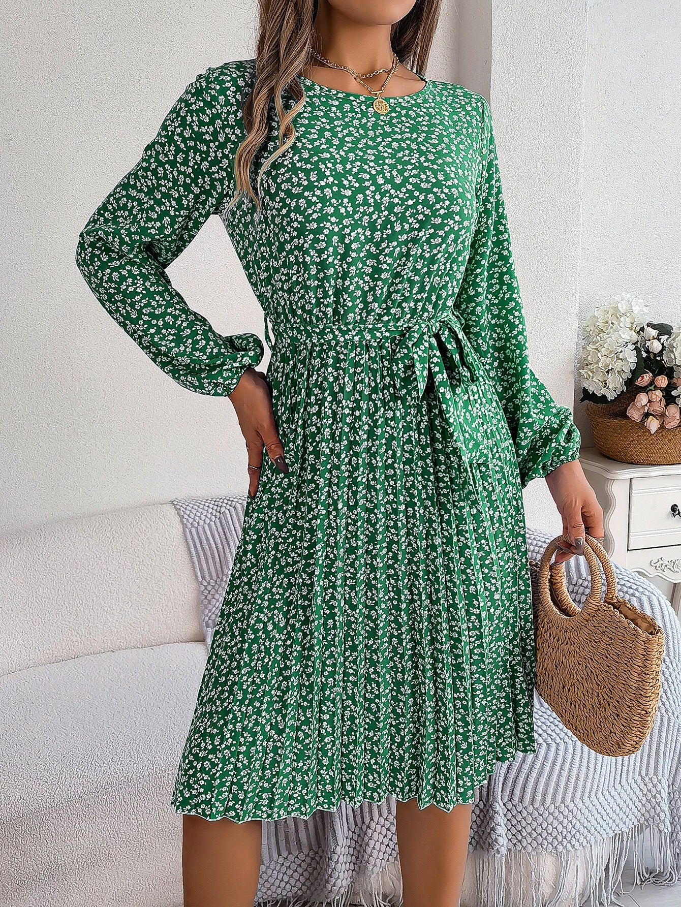 Spring Summer Casual Long Sleeved Floral Large Hem Pleated Women Clothing