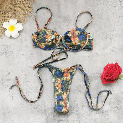 Low Waist Lace up Triangle Bikini Sexy Retro Printed Split Swimsuit Women Export