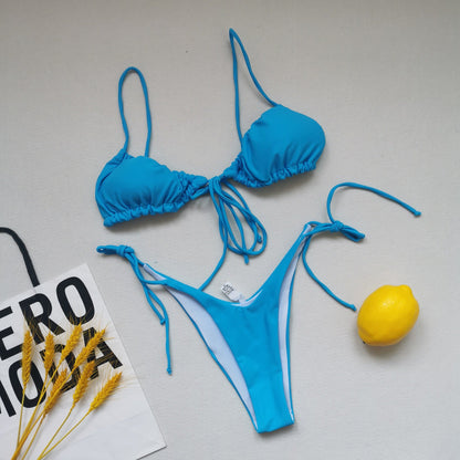 Sling Bandage Swimsuit Women Pleated Push up Drawstring Sexy Solid Color Bikini Swimsuit