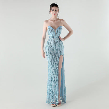 Boning Corset Waist Tight Heavy Industry Beads Heart Shaped Collar Sequined Evening Dress Luxury Cocktail Evening Dress