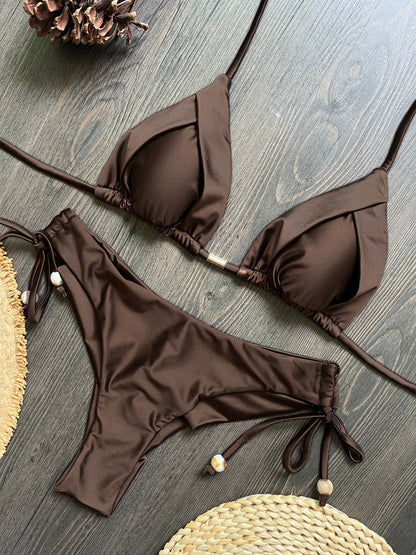 Glossy Fabric Bikini Solid Color Swimsuit Beach Sexy Ladies