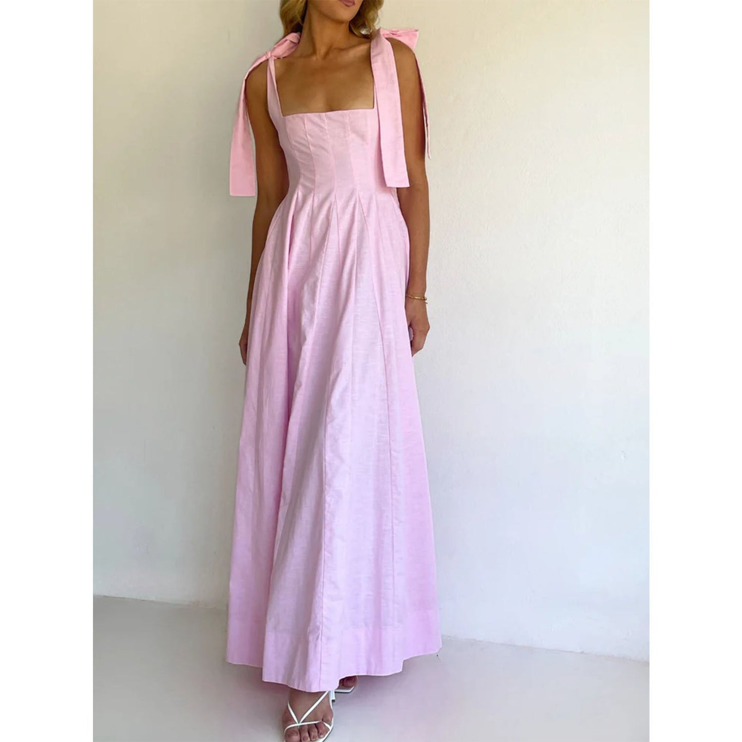 Elegant Solid Color Spring Summer Stitching Tied Maxi Dress
