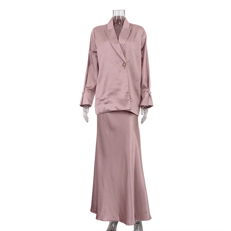 Spring Autumn Satin High Grade Half Length Skirt Set Collared Long Sleeve Top Office Two Piece Set