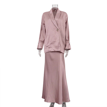 Spring Autumn Satin High Grade Half Length Skirt Set Collared Long Sleeve Top Office Two Piece Set