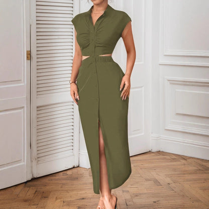 Women Clothing Sexy Cutout Tight Waist Stand Collar Cardigan Dress Tight Waist Baring Dress