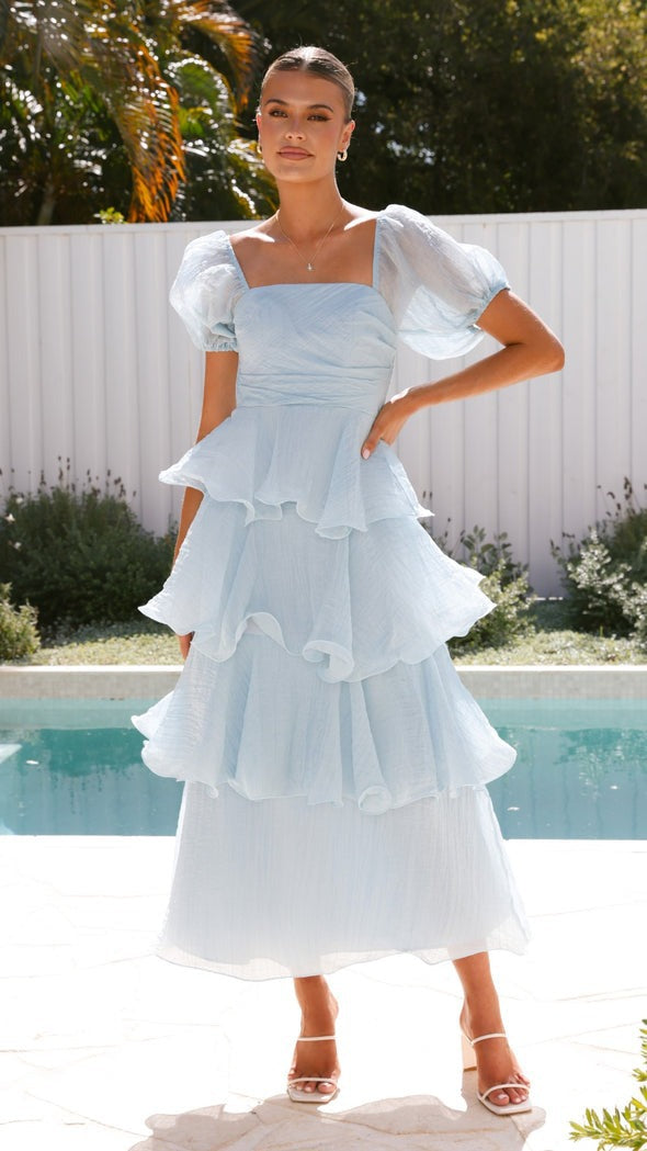 Backless Puff Sleeve Tiered Dress Long