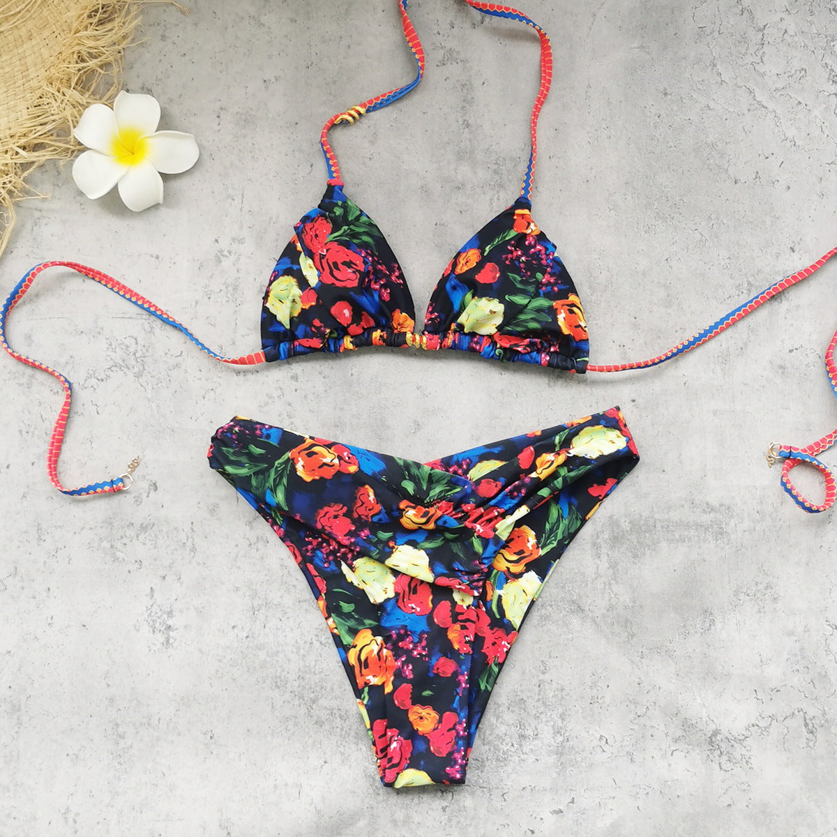Retro Printed High Slit Triangle Bikini Sexy Split Swimsuit Women Bikini