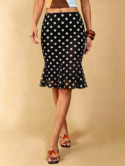 Summer Dot Mesh Fishtail Skirt Retro Ruffled Waist Tight Slimming Skirt