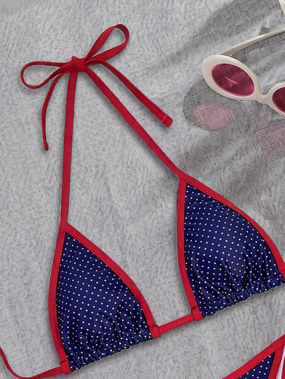 Contrast Color Printed Swimsuit Halter Strap Seaside Bikini Sexy Split Low Waist Bikini