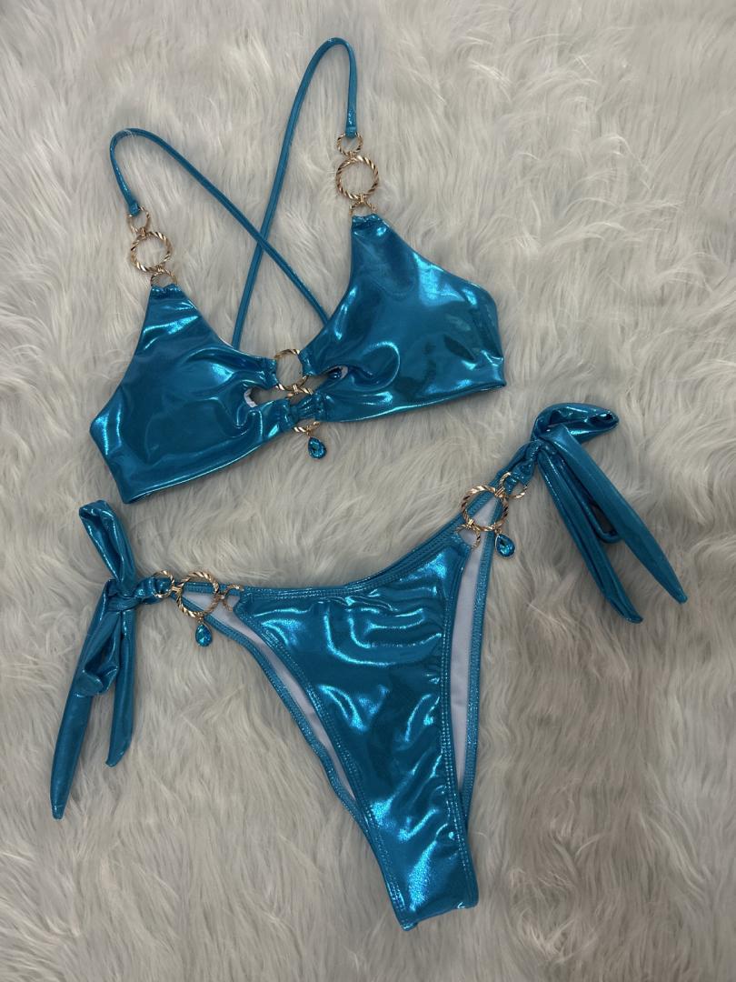Metal Ring Hanging Diamond Bikini Sexy Cutout Lace up Split Swimsuit Vacation Swimsuit Women