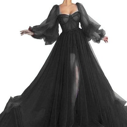 Summer Women Clothing Graceful Fashionable Dress Mesh Split Expansion Dress Wedding Evening Dress