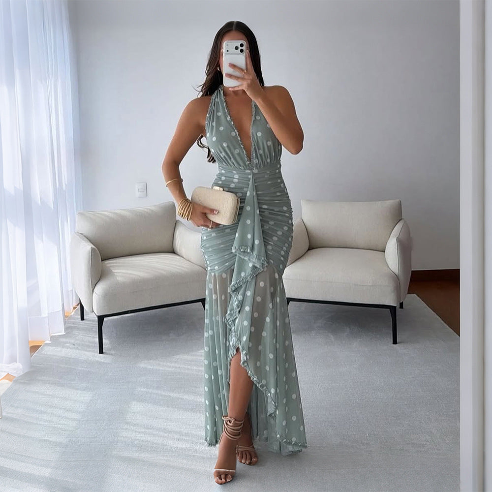 Women Clothing Spring Summer Slim Dress Halterneck Printed Lace up