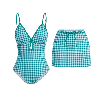Bikini One Piece Ladies Conservative Swimsuit Plaid Printed Skirt Two Piece Sets