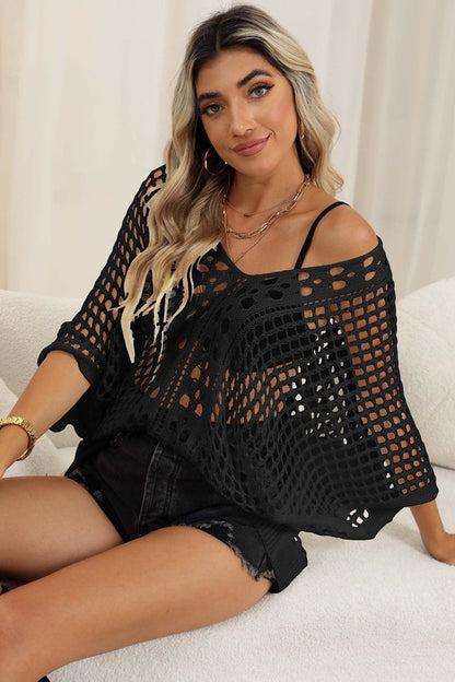 Women Bikini Cover Up Blouse Women Clothing Hollow Out Cutout Woven Shirt Batwing Sleeve Loose Casual Top