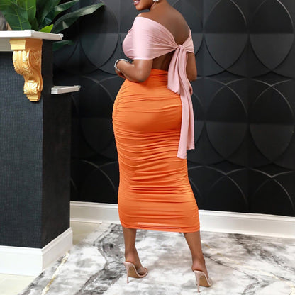 Women Wear Summer Backless Lace-up Wrapped Chest Pleated Sexy Color Block Dress