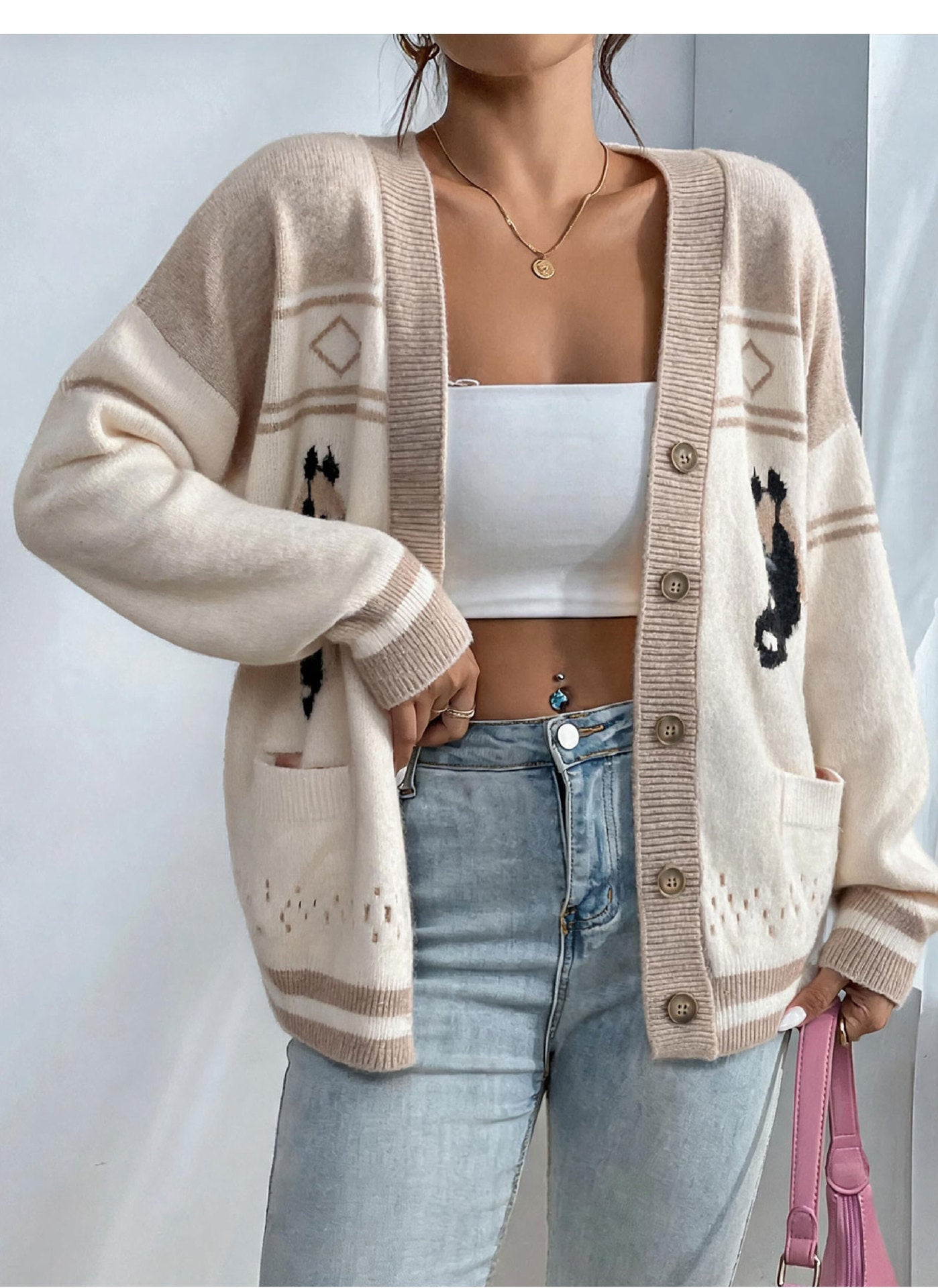 Fashionable Knitted Cardigan Women Autumn Winter Loose Idle Brocade Sweater Coat Long Sleeved Top
