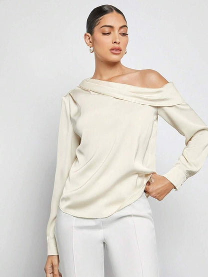 Pleated Satin Shirt Top Spring Summer off the Shoulder Asymmetric Long Sleeve Shirt Women Clothing