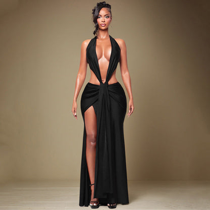 Women Clothing Spring Solid Color Halter Sleeveless Sexy Backless Deep V Plunge Ribbon Maxi Dress