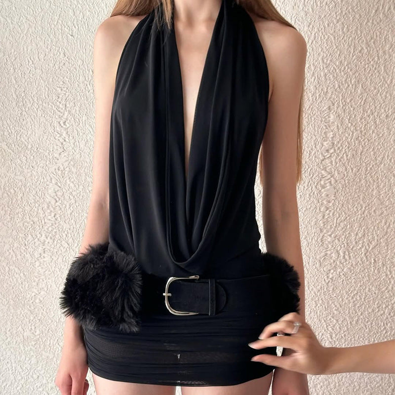 Hollowed out Backless Halter Deep V Plunge Hip Matching Mesh Dress Two Piece Set