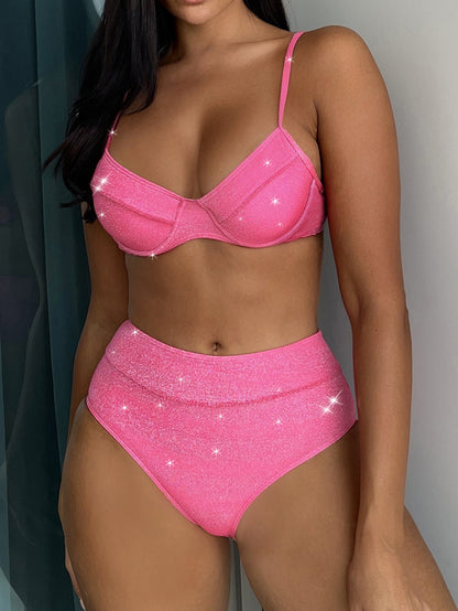 Women Seperated Swimwear Gold Silver Silk Sexy Steel Bracket High Waist Flash