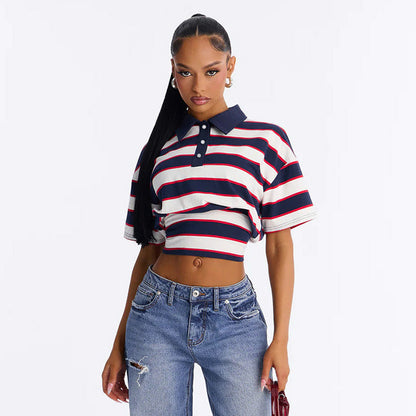 Women Clothing Retro Slimming Color Blocking Spicy Girl Striped All Matching Collared Polo Shirt Top