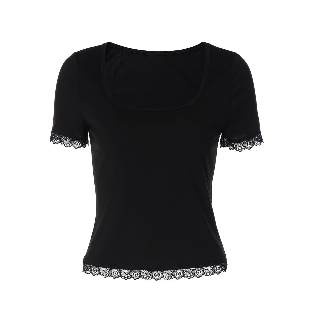 Women Summer Lace Stitching T shirt Slim U Neck Bottoming Top