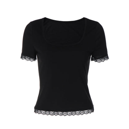 Women Summer Lace Stitching T shirt Slim U Neck Bottoming Top