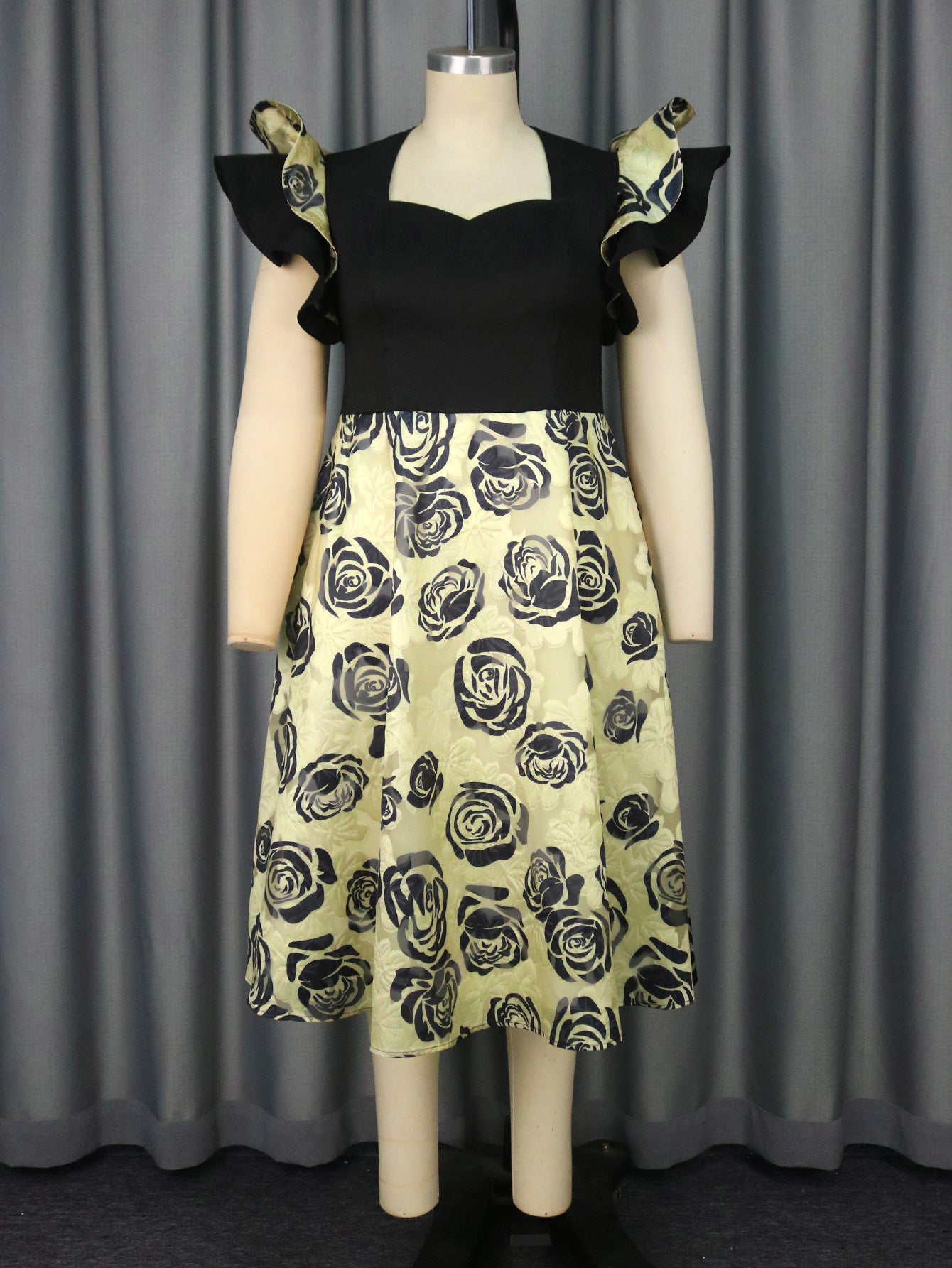 Square Collar Lotus Leaf Sleeve Dress High Waist Rose Jacquard a Swing Cocktail Dress