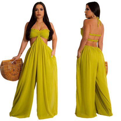 Women Clothing Spring Summer Solid Color Sexy Loose Backless Jumpsuit