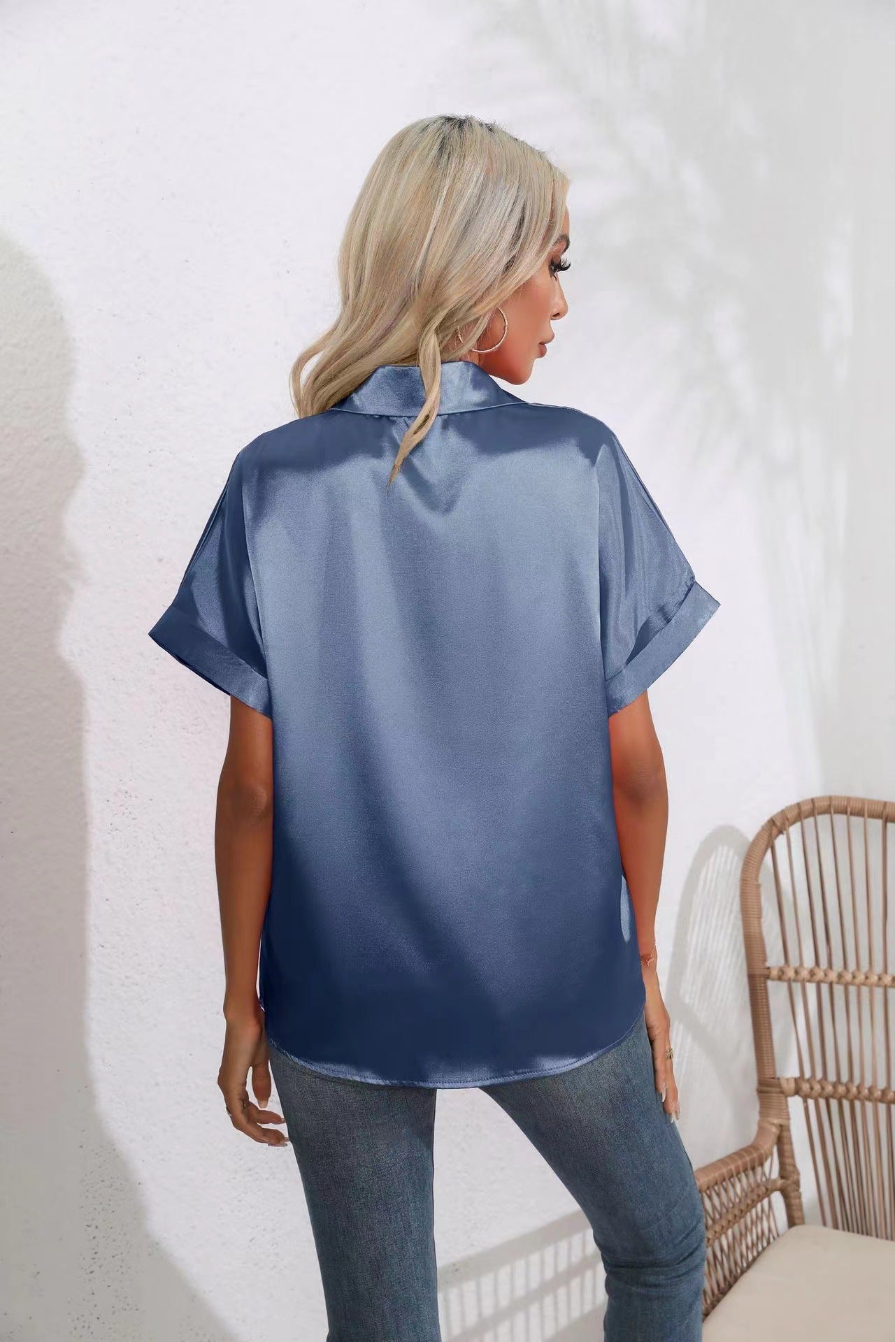Satin Shirt Short Sleeve Satin Button Shirt Casual Loose Top Women