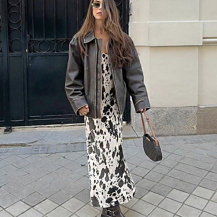 Autumn Winter Sexy Design Print Sling round Neck All Matching Ankle High Retro Party Formal Dress Women