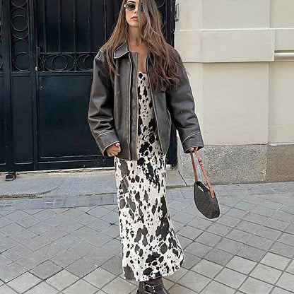 Autumn Winter Sexy Design Print Sling round Neck All Matching Ankle High Retro Party Formal Dress Women