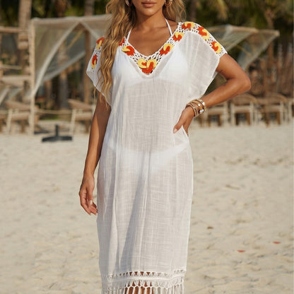 Crochet Stitching Long Fringe Beach Dress Swimsuit Blouse Vacation Dress Simple Dress