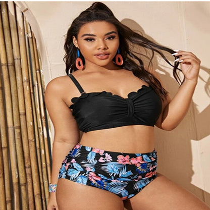 Plus Size Split Swimsuit Printed Cut Edge Contrast Color Women High Waist