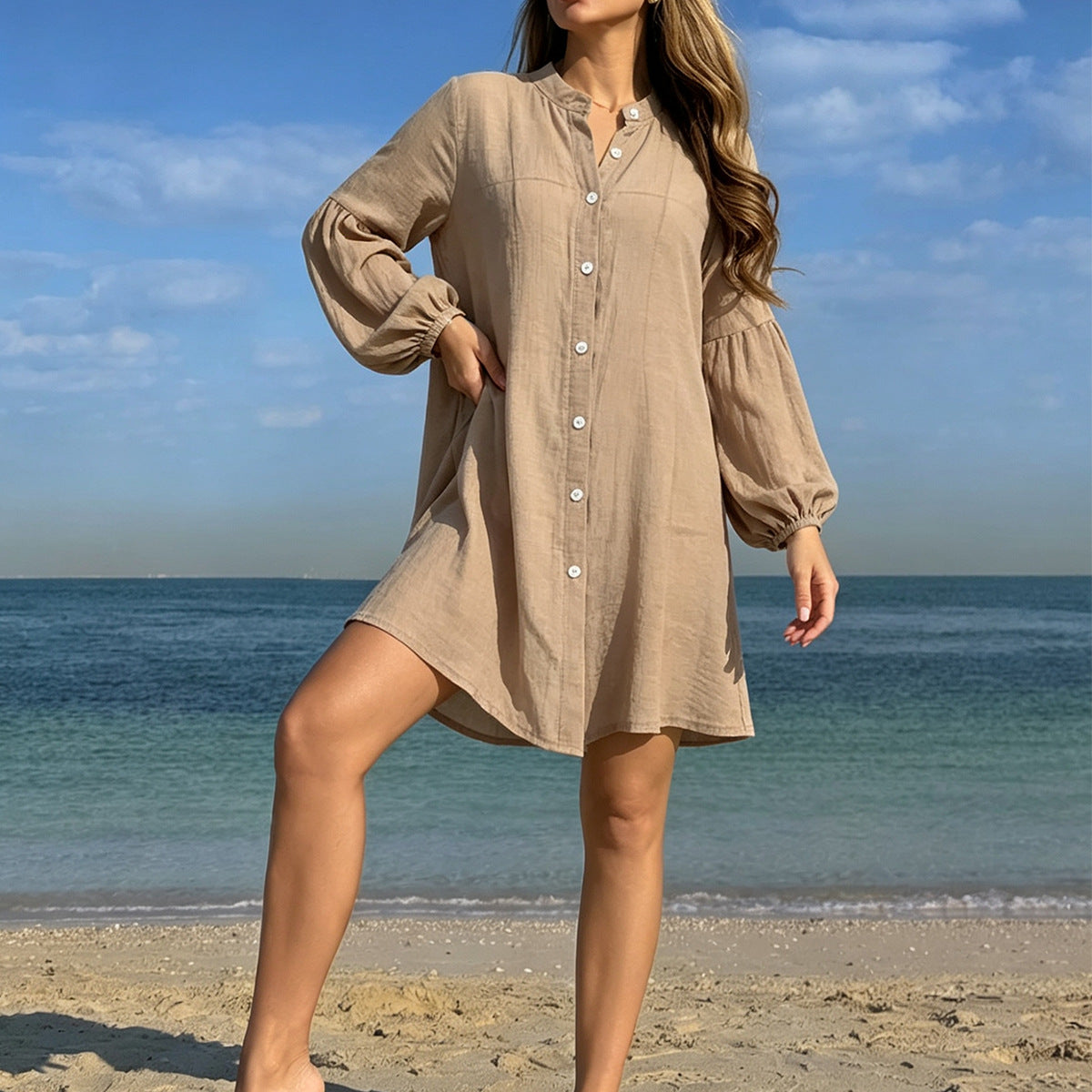 Stand up Collar Puff Sleeve Shirt Dress Women Loose Idle Wind Beach Vacation Sun Protective Clothing Cardigan