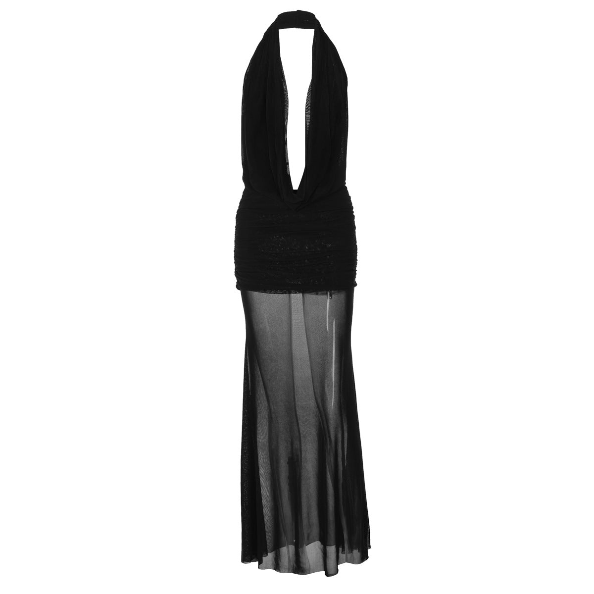 Hollowed out Backless Halter Deep V Plunge Hip Matching Mesh Dress Two Piece Set