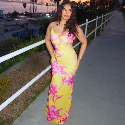 Summer Women Clothing Sexy Printing V-neck Brace Backless Slimming Dress
