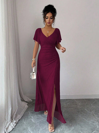 Women Elastic Net V Neck Patchwork Flying Sleeves Slit Evening Dress