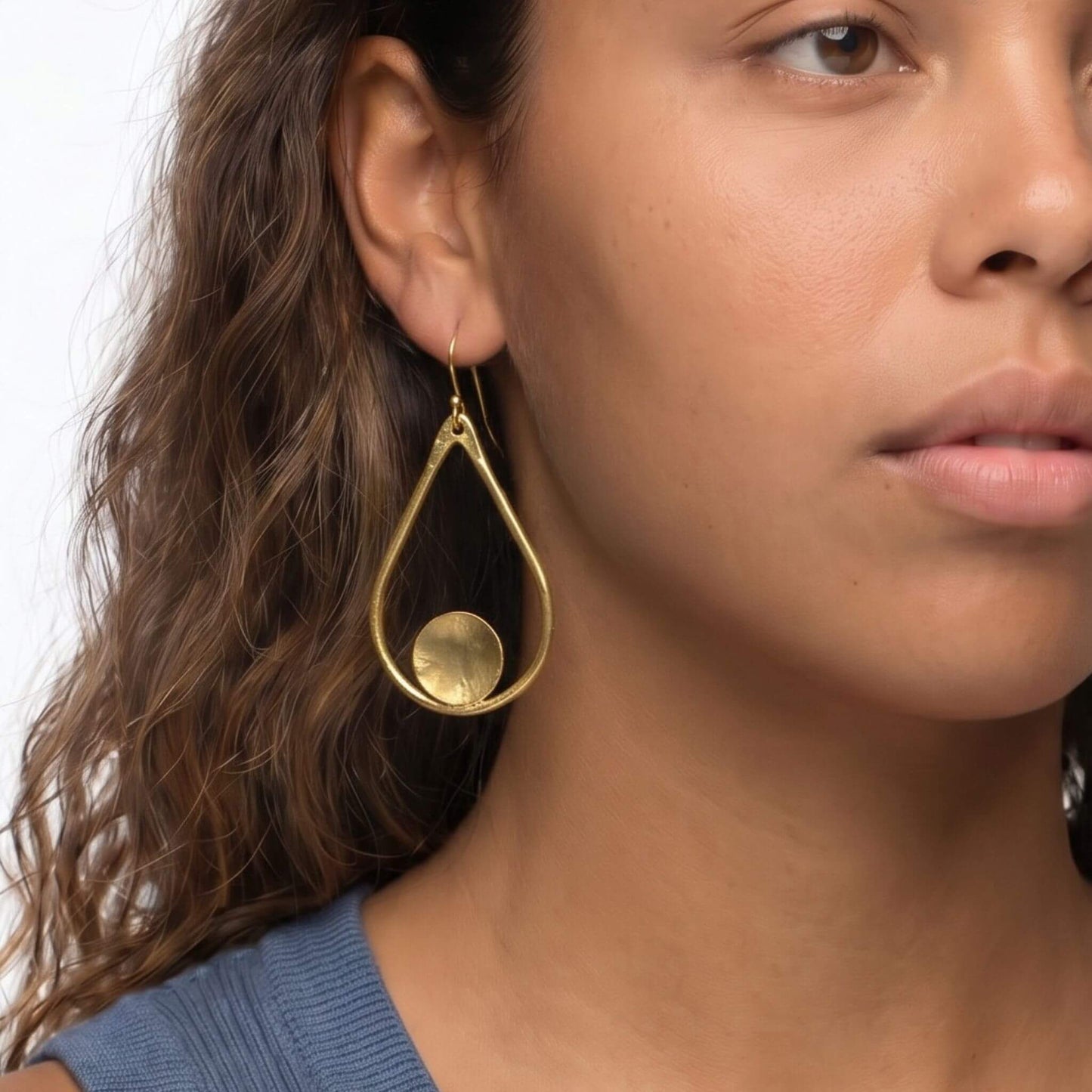 Open Teardrop with Disc Brass Earrings | Shani