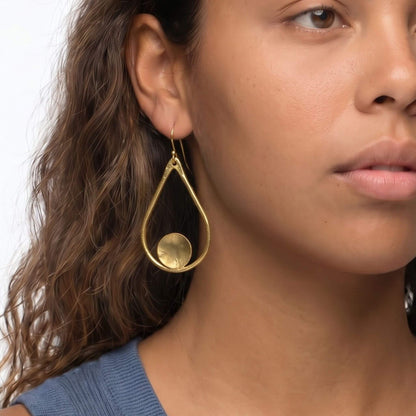 Open Teardrop with Disc Brass Earrings | Shani