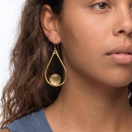 Open Teardrop with Disc Brass Earrings | Shani