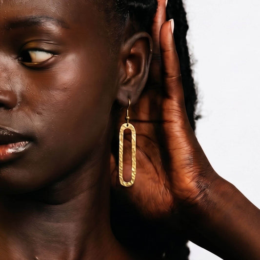 Hammered Elongated Oval Hoop Brass Earrings | Mvua