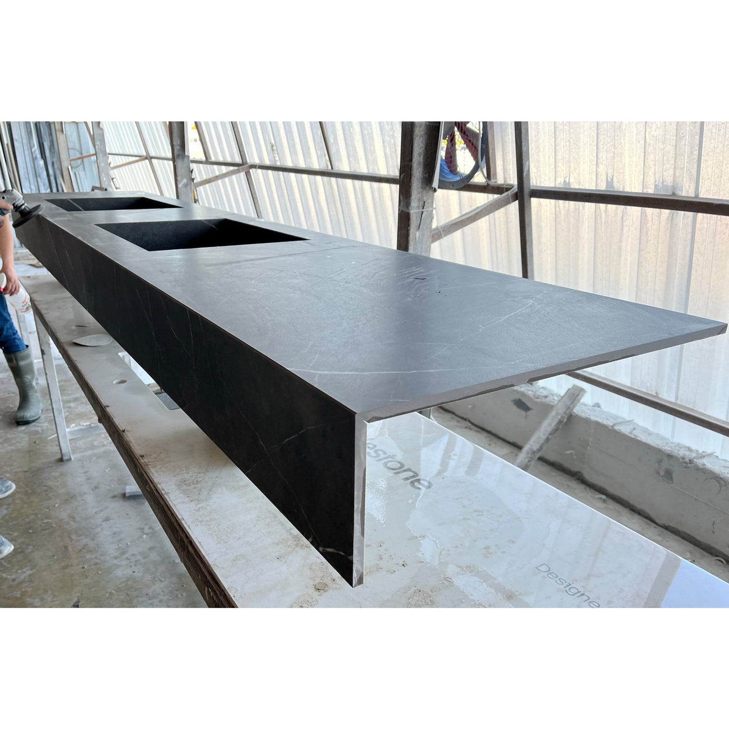 Engineered Porcelain Pietra Grey Handcrafted Wall Double Sink