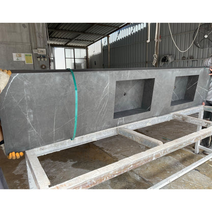 Engineered Porcelain Pietra Grey Handcrafted Wall Double Sink
