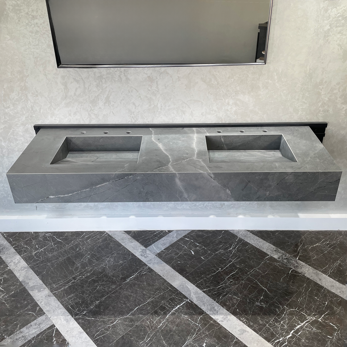 Armani Grey Engineered Porcelain Double Sink Handcrafted with Modern Marble Aesthetics