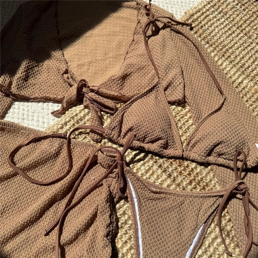 Beige Mesh Halter String Triangle Micro Thong Bikinis Sets 4 Pieces Long Sleeve Cover Ups Sexy Swimsuit Women Holiday Swimwear