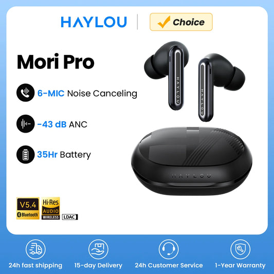 HAYLOU Mori Pro Bluetooth 5.4 Earphones Wireless  43dB Adaptive Hybrid ANC Hi-Res LDAC Earbuds 6 Mic Headphones 28H Battery Life