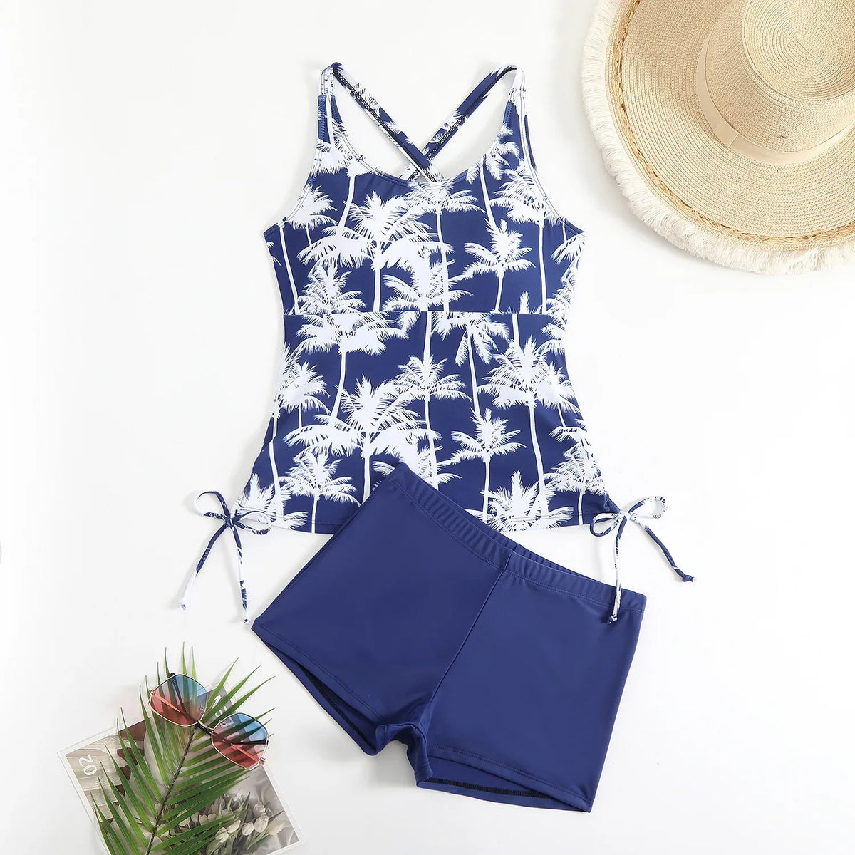 High Waist Swimwear Women 2025 New Two Pieces Swimsuit with Shorts Coconut Palm Print Tankini Set Summer Bathing Suit Trunks