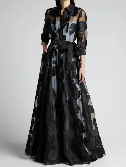 Elegant Three-Quarter Sleeve Knotted Waist Jacquard Mesh Maxi Dress for Women No Lining Transparent Club Party Long Dress