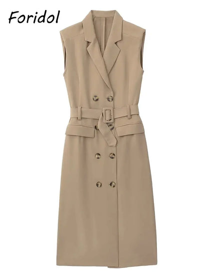 Foridol Khaki Double Breasted Sleeveless Office Windbreaker Style Dress Turn Down Collar Lady Elegenta Vintage Belt New Vestidos